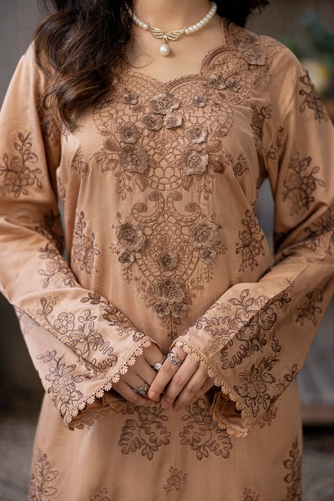 D-2314| 3 Pcs Saffron Embriodered Viscose Collection