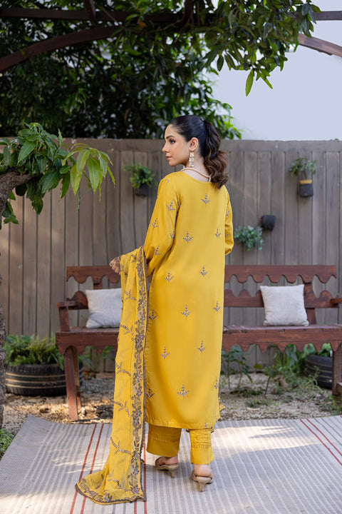 D-2317| 3 Pcs Saffron Embriodered Viscose Collection