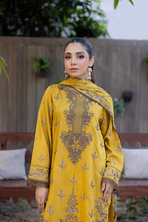 D-2317| 3 Pcs Saffron Embriodered Viscose Collection