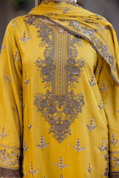 D-2317| 3 Pcs Saffron Embriodered Viscose Collection
