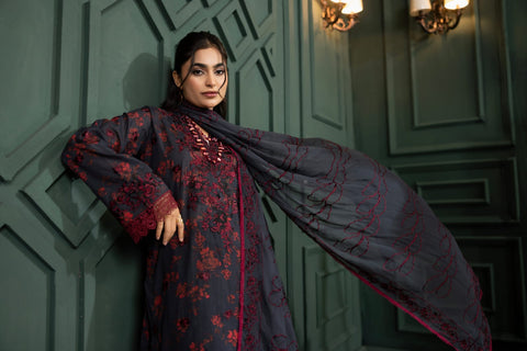D-2240 | 3Pcs Embroidered  Lawn