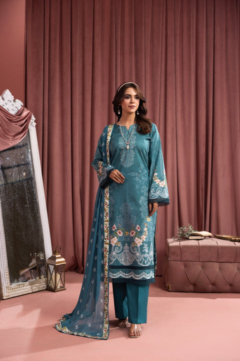 D-2240 | 3 Pcs Print  Embroidered Lawn