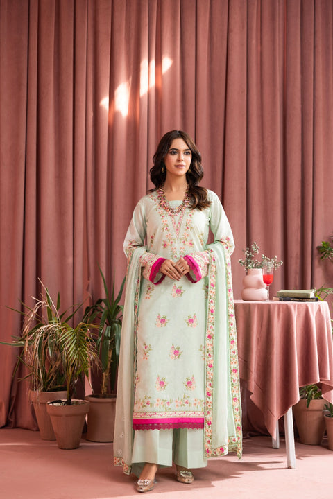 D-2244 | 3 Pcs Print Emnbroidered Lawn