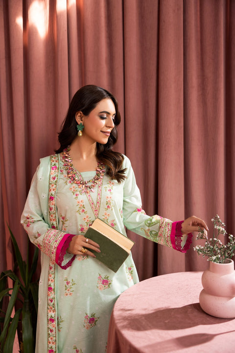 D-2244 | 3 Pcs Print Emnbroidered Lawn