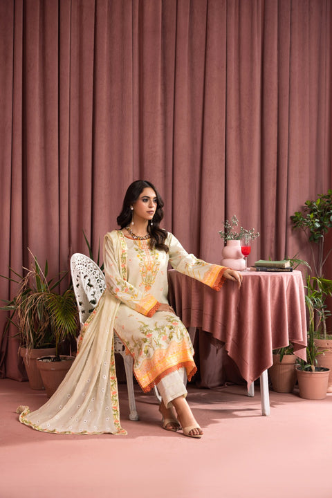 D-2246 | 3Pcs Print Embroidered Lawn