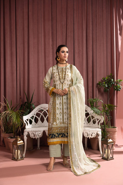 D-2249 |  3 Pcs Print Embroidered Lawn