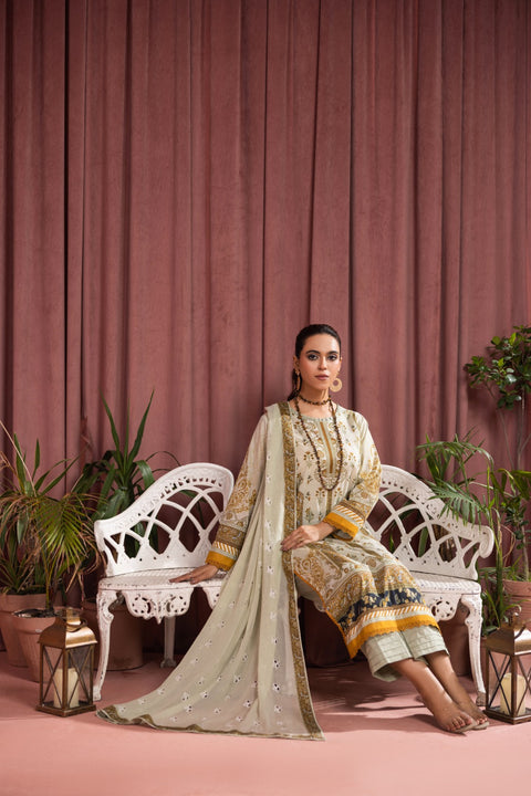 D-2249 |  3 Pcs Print Embroidered Lawn