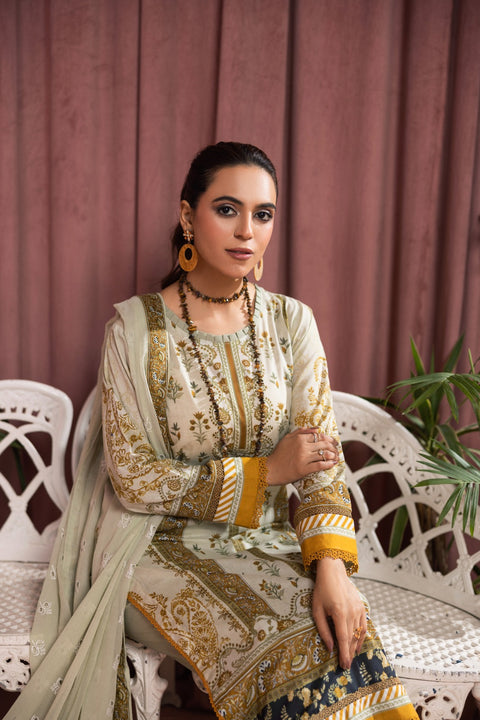D-2249 |  3 Pcs Print Embroidered Lawn