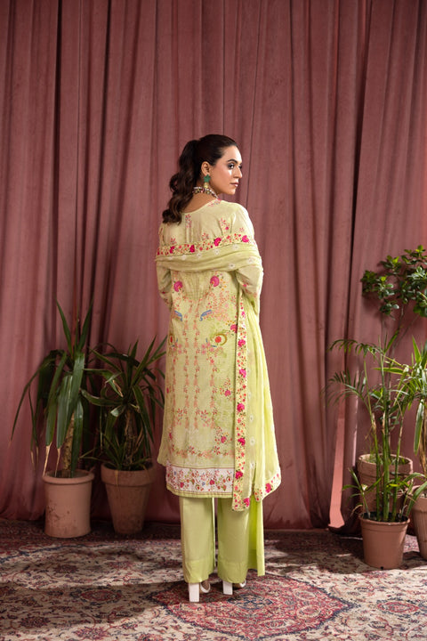 D-2251 | 3 Pcs Print  Embroidered Lawn