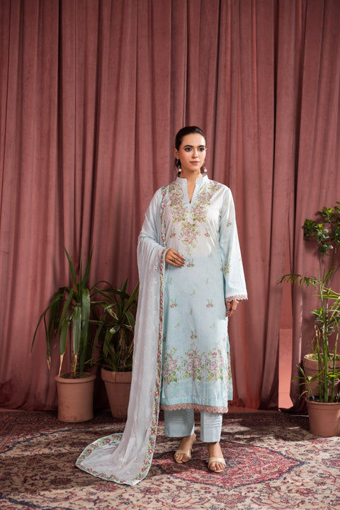D-2253 | 3 Pcs Print Embroidered Lawn