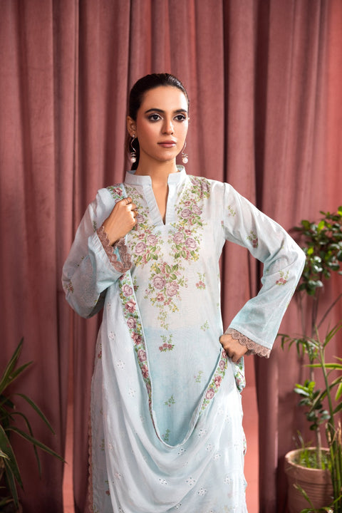 D-2253 | 3 Pcs Print Embroidered Lawn
