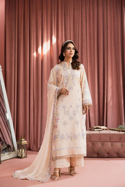 D-2243 | 3 Pcs Print Embroidered Lawn